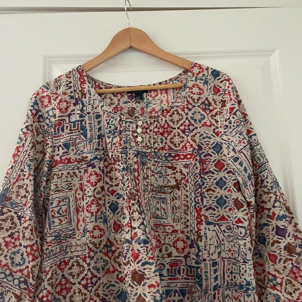 Lauren Ralph Lauren Jeans Co Pintuck Aztec Southwestern Print Cotton Top Boho - Picture 7 of 7